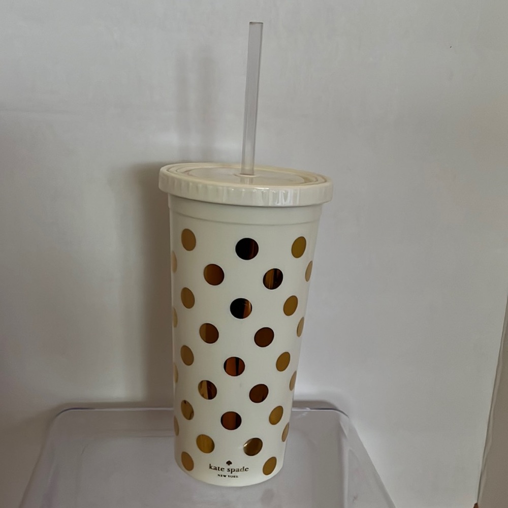 Kate Spade Cream with Gold Dot Acrylic Cold Cup Tumbler/Clear Straw EUC 24oz